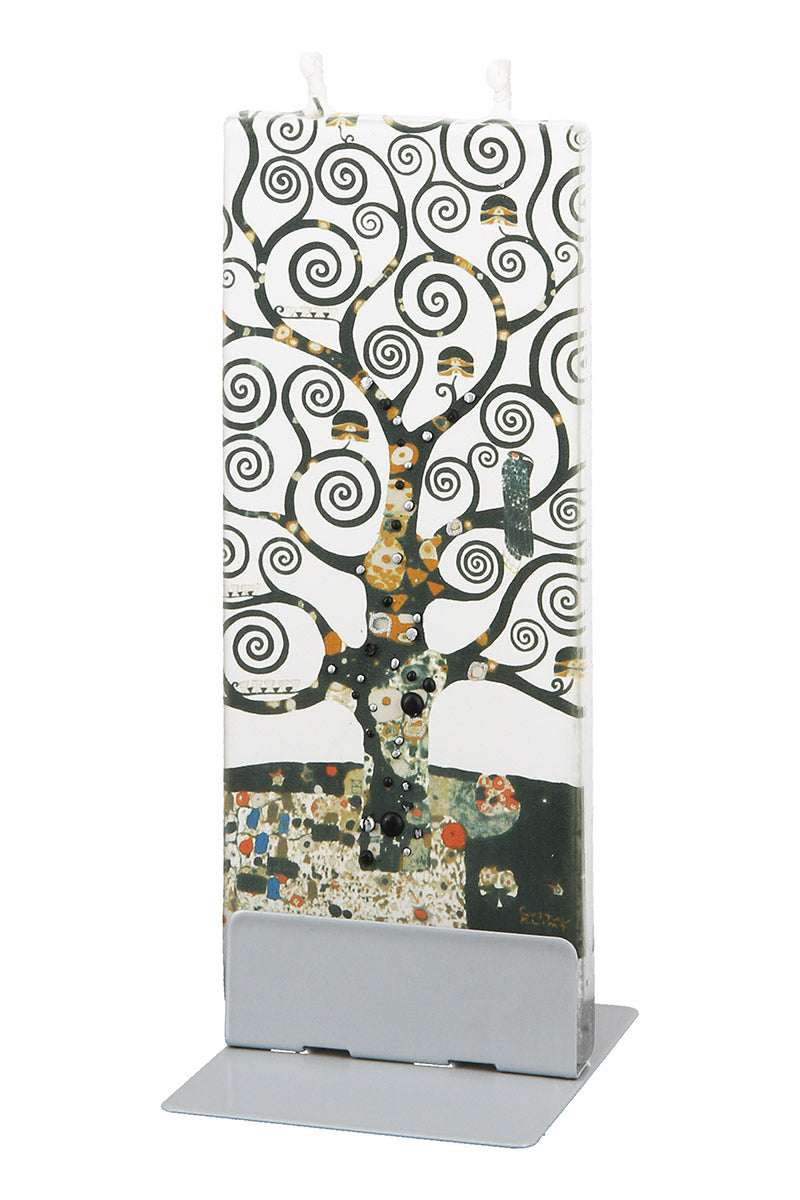 Gilde Flat Candle with rectangular Tree of Life design, featuring intricate carvings and a smooth surface.