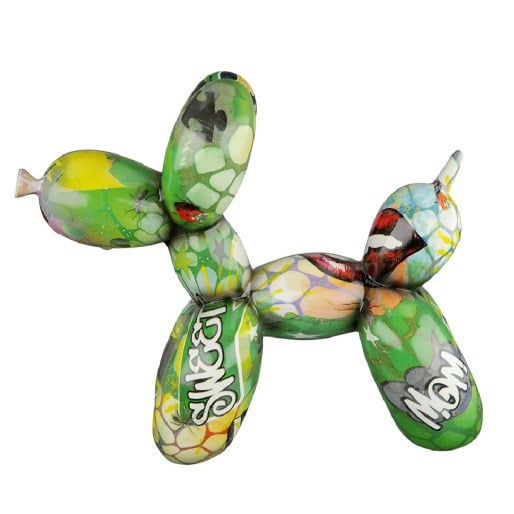 Gilde multicolored balloon dog figure graffiti art sculpture, 18cm tall, vibrant and playful decorative art piece
