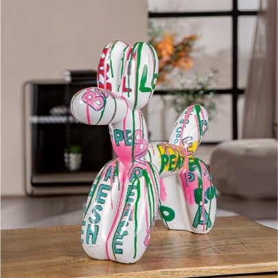 Gilde Pallone Dog Balloon resin figure, multicolored with white accents, 40cm tall, decorative dog sculpture.
