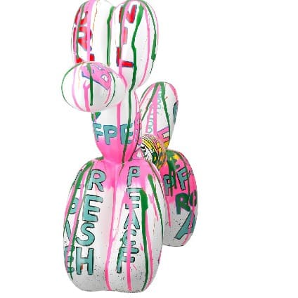 Colorful Gilde Pallone Dog Balloon resin figure, multicolored with white accents, 40cm tall, detailed decorative dog sculpture.