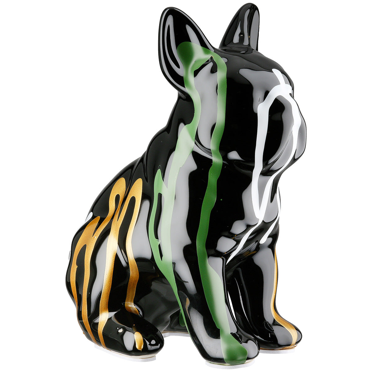 Gilde figure of a sitting bulldog in dark black color, detailed sculpture with realistic features and textured surface.