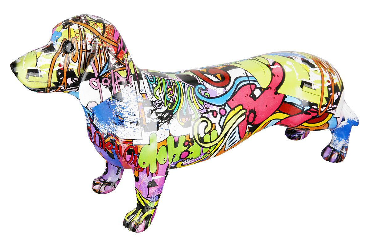 Gilde Dachshund street art figure, colorful urban sculpture with vibrant paint details and playful design.