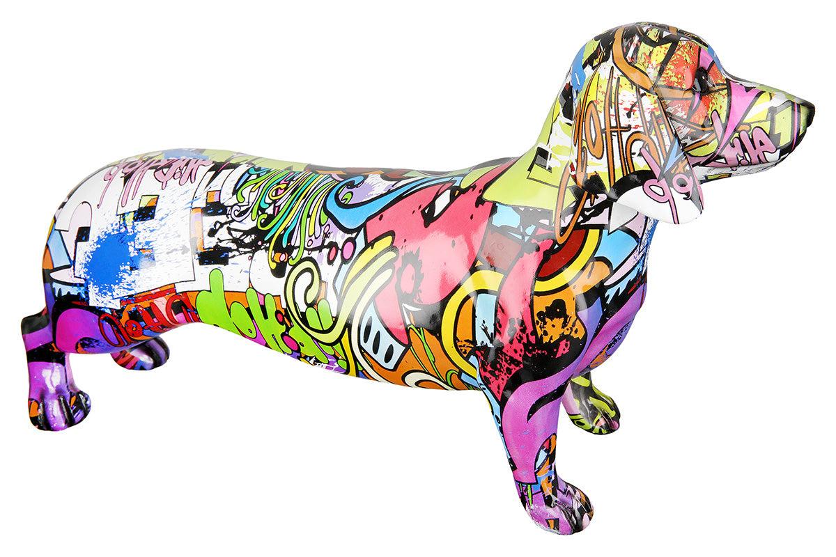 Colorful Gilde Dachshund street art figure with vibrant graffiti-style design, showcasing urban art craftsmanship.