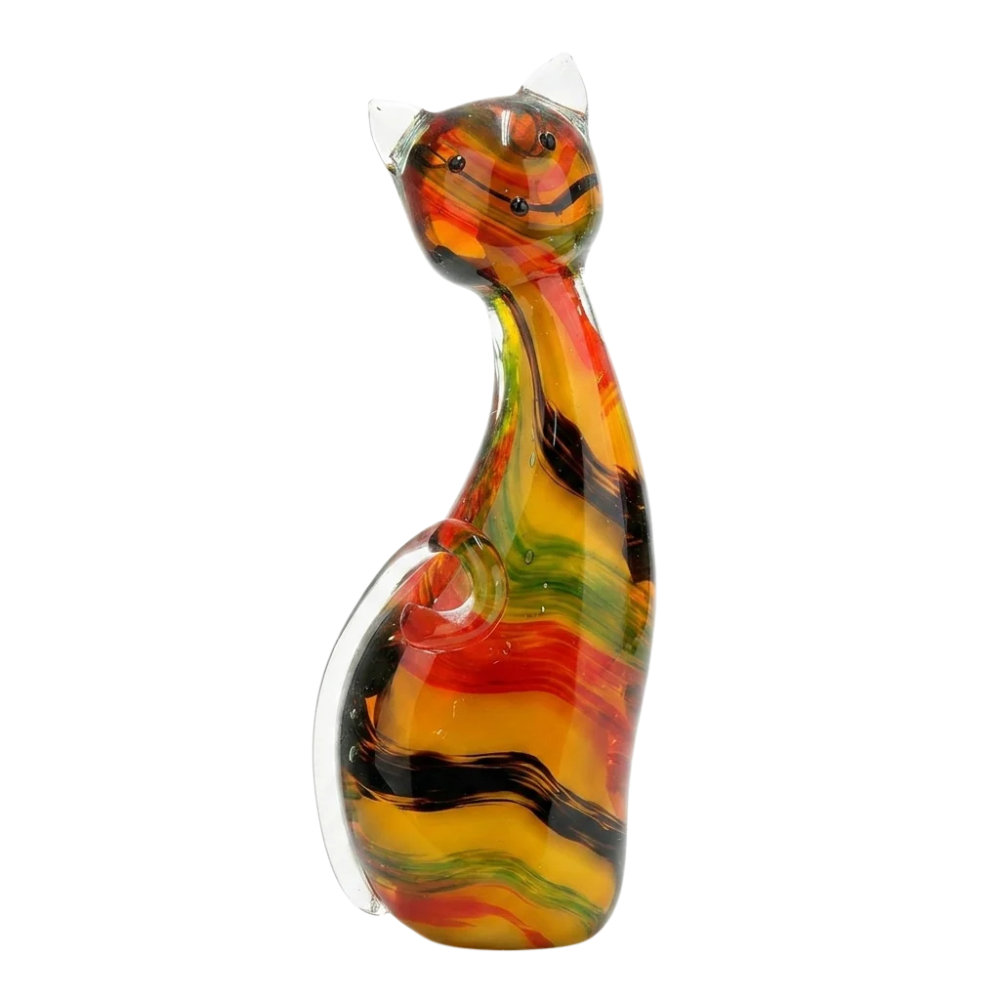 Gilde Suki striped glass cat figure facing left, decorative feline sculpture with colorful glass details.