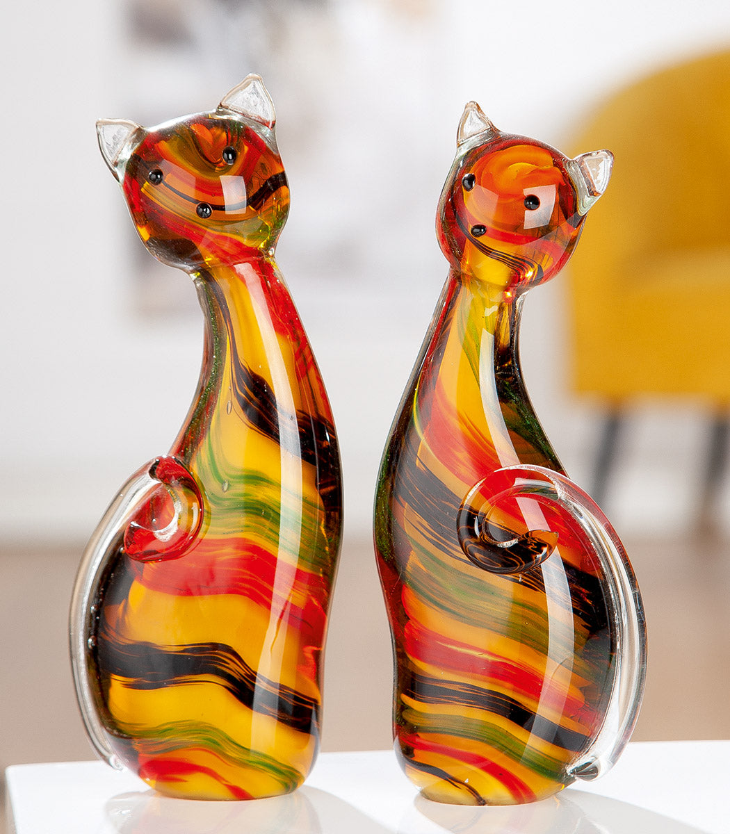 Gilde Suki striped glass cat figure, right side view, decorative art piece with clear glass and colorful striped pattern.
