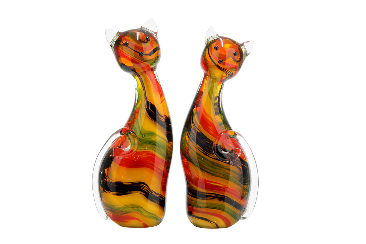 Gilde Figure Cat Suki striped glass sculpture facing right, detailed feline figurine with vibrant colors and textured surface.