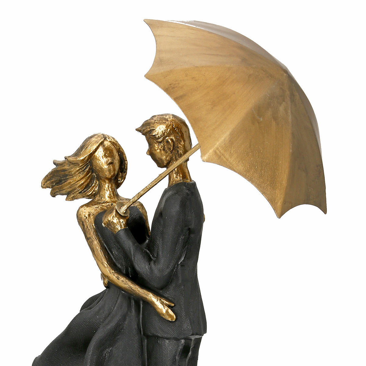 Pair of Gilde black and gold rain umbrella sculptures featuring detailed umbrella designs in a decorative art piece.