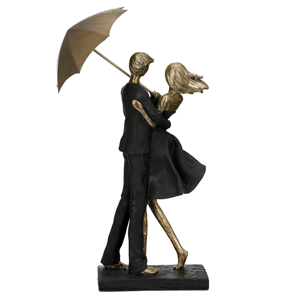 Pair of Gilde black and gold rain umbrella sculptures, decorative black and gold umbrella figurines with intricate details.