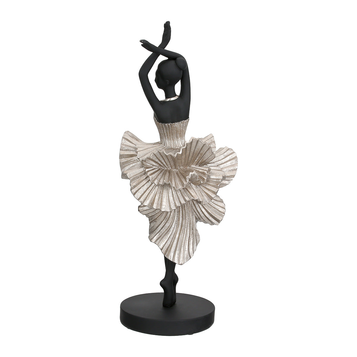 Black Gilde Ballerina Sculpture depicting a graceful ballet dancer with detailed features, perfect for art and decor.