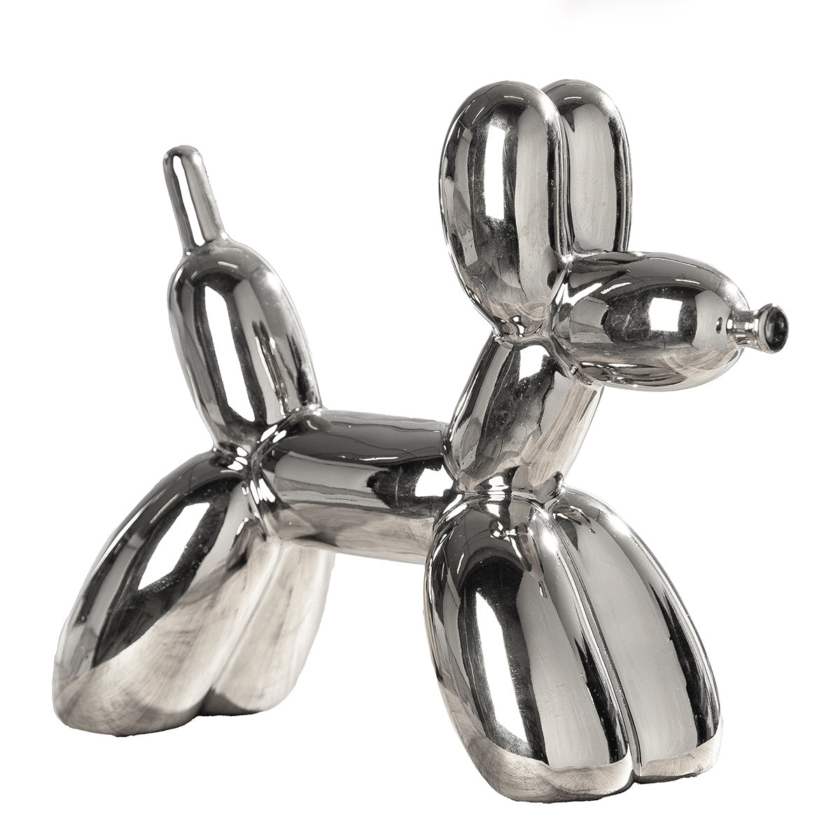 Silver Gilde Figure Balloon Dog Poldi collectible sculpture on a plain background, showcasing its shiny metallic finish.