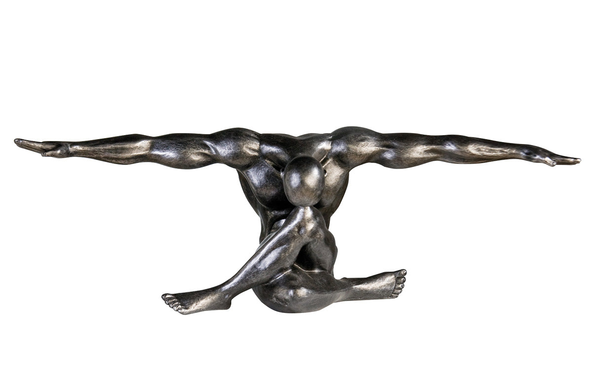 Silver resin sculpture of a cliffhanger man by Gilde, featuring a detailed man figure in a dynamic pose.