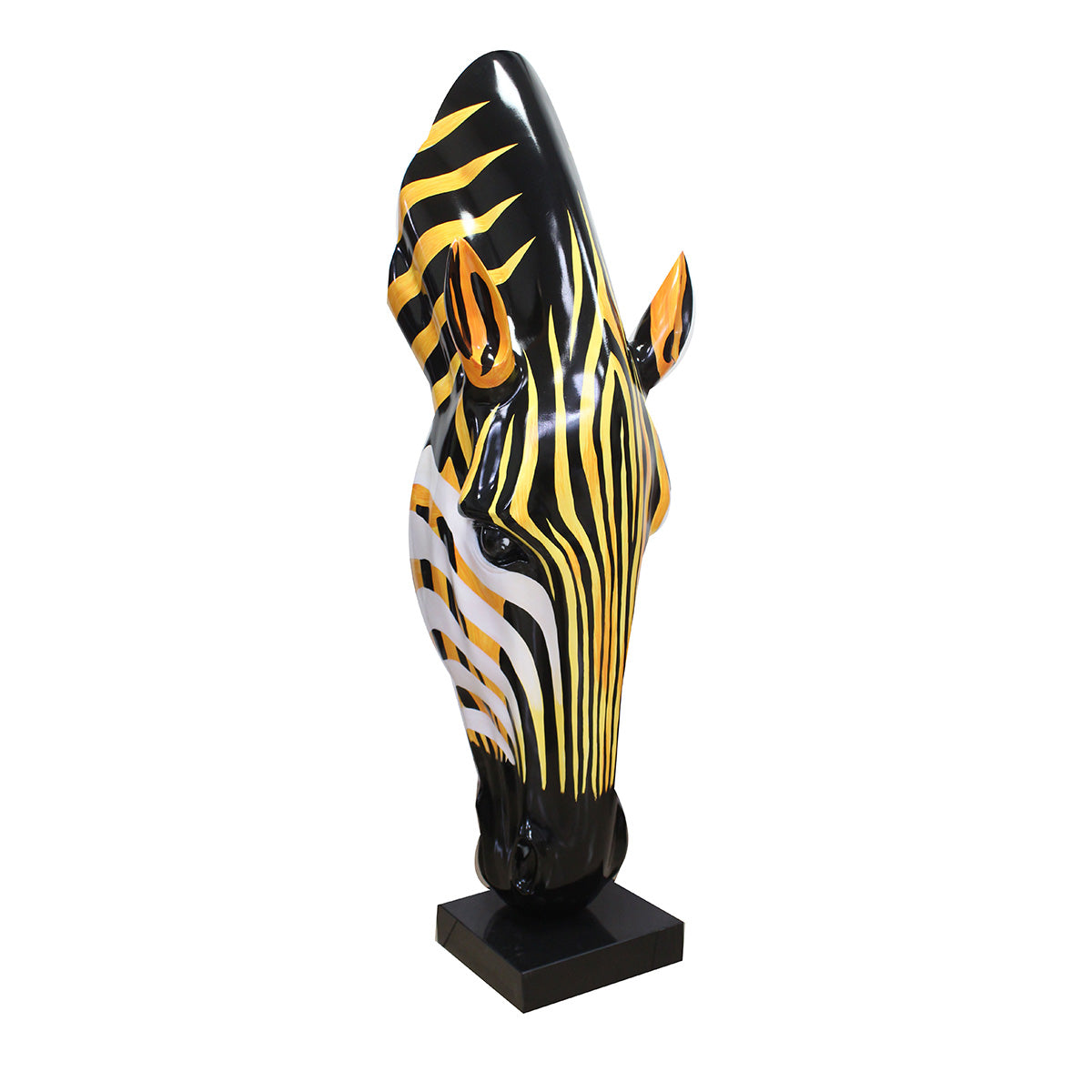 Gilde zebra sculpture made of resin and marble featuring a vibrant orange zebra head with realistic details.