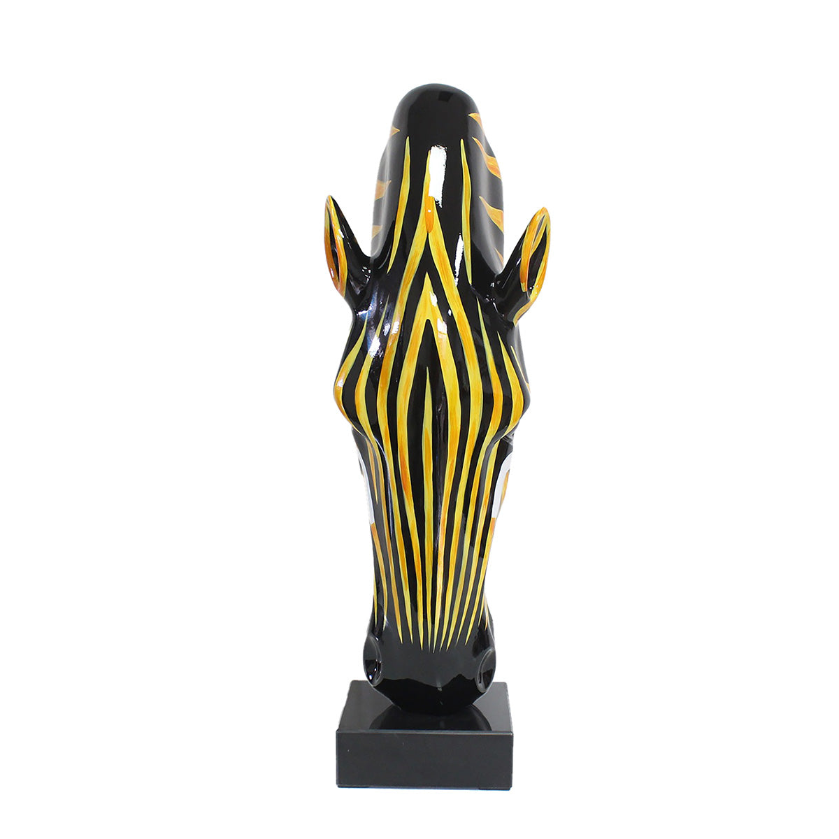 Gilde zebra sculpture crafted from resin and marble, featuring an orange zebra head with detailed features and realistic texture.