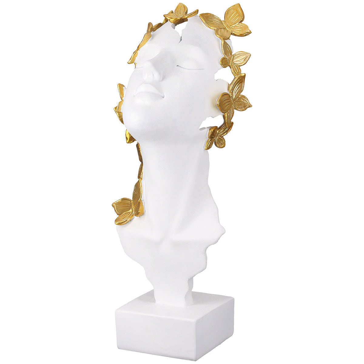 White Gilde resin sculpture of a woman with butterfly details, showcasing elegant craftsmanship and artistic design.