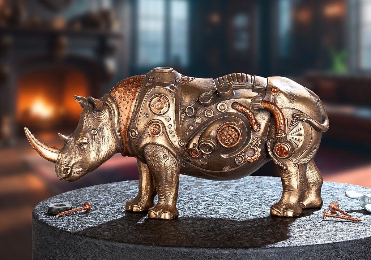 Gilde steampunk rhinoceros figure made of resin with bronze finish, detailed resin sculpture of a rhinoceros with steampunk design elements.