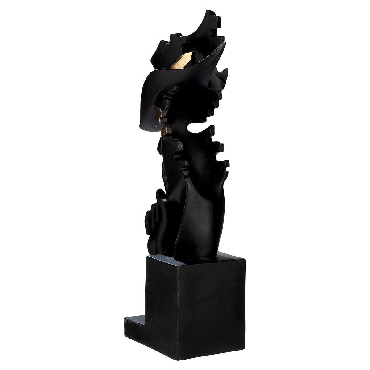 Black resin Gilde sculpture of a hand and head, featuring a mystique design, detailed artistry, and modern sculpture style.