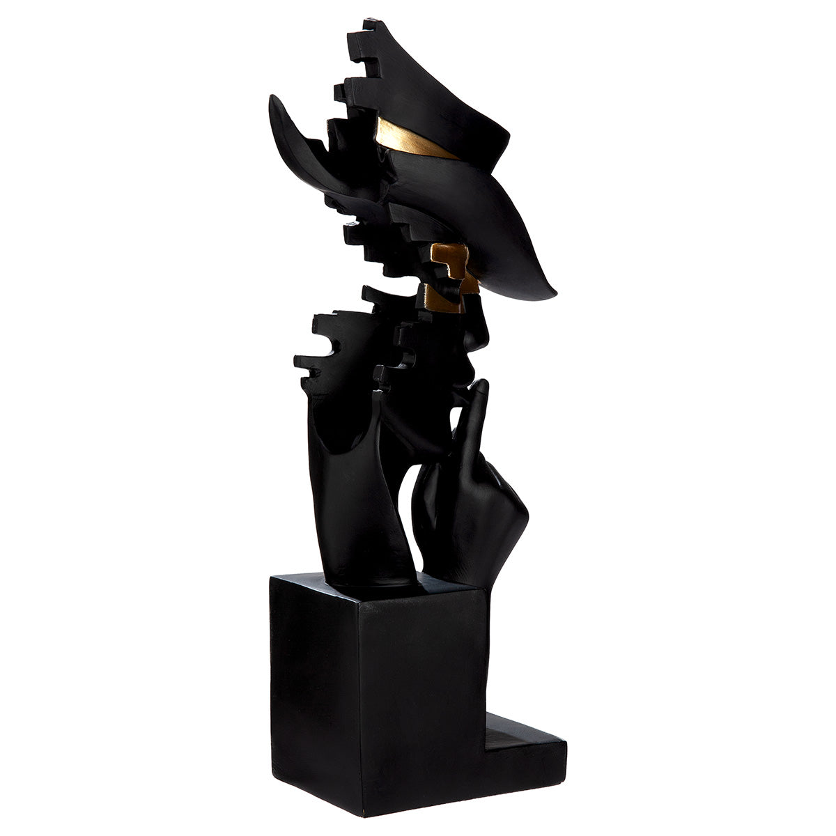 Black Mystique resin sculpture of a hand and head by Gilde, showcasing artistic craftsmanship and detailed design.