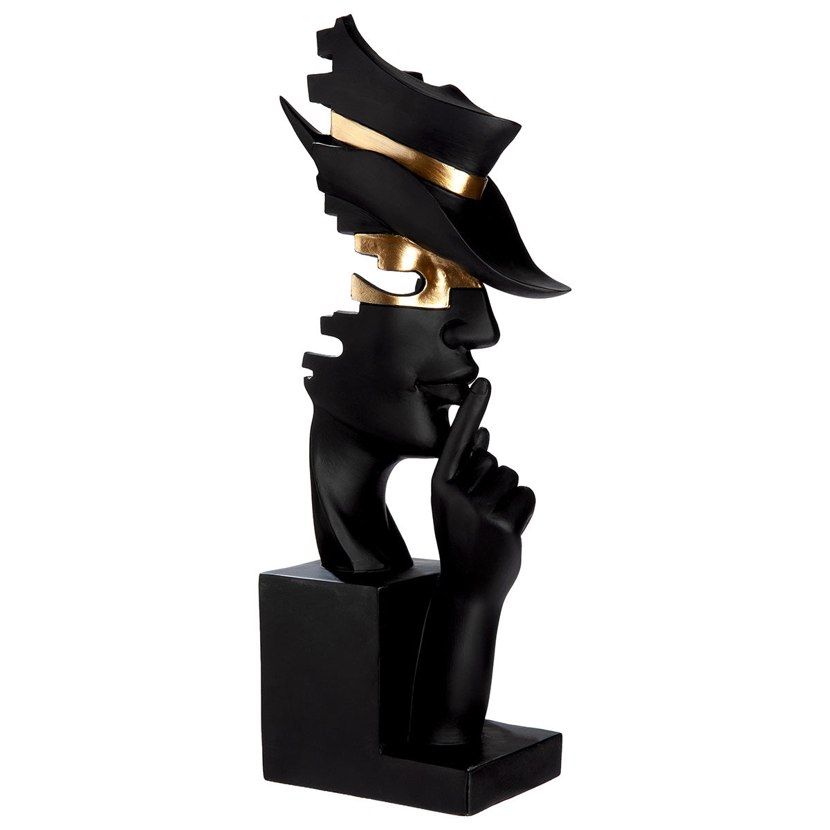 Black Mystique Resin Gilde Sculpture of a Hand and Head, detailed artistic art piece, showcasing intricate craftsmanship.