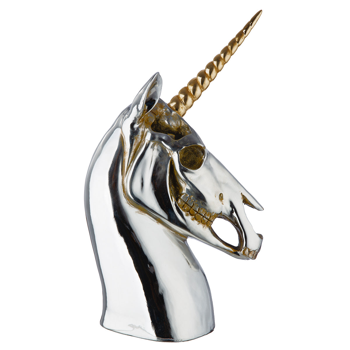 Silver Gilde Unicorn Sculpture made of Aurex resin with detailed features on a neutral background.