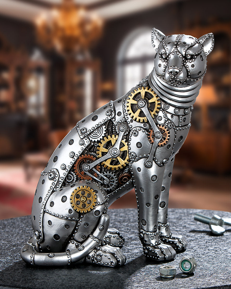 Gilde leopard figure with steampunk gear wheel design, made of detailed resin, showcasing intricate steampunk-inspired craftsmanship.