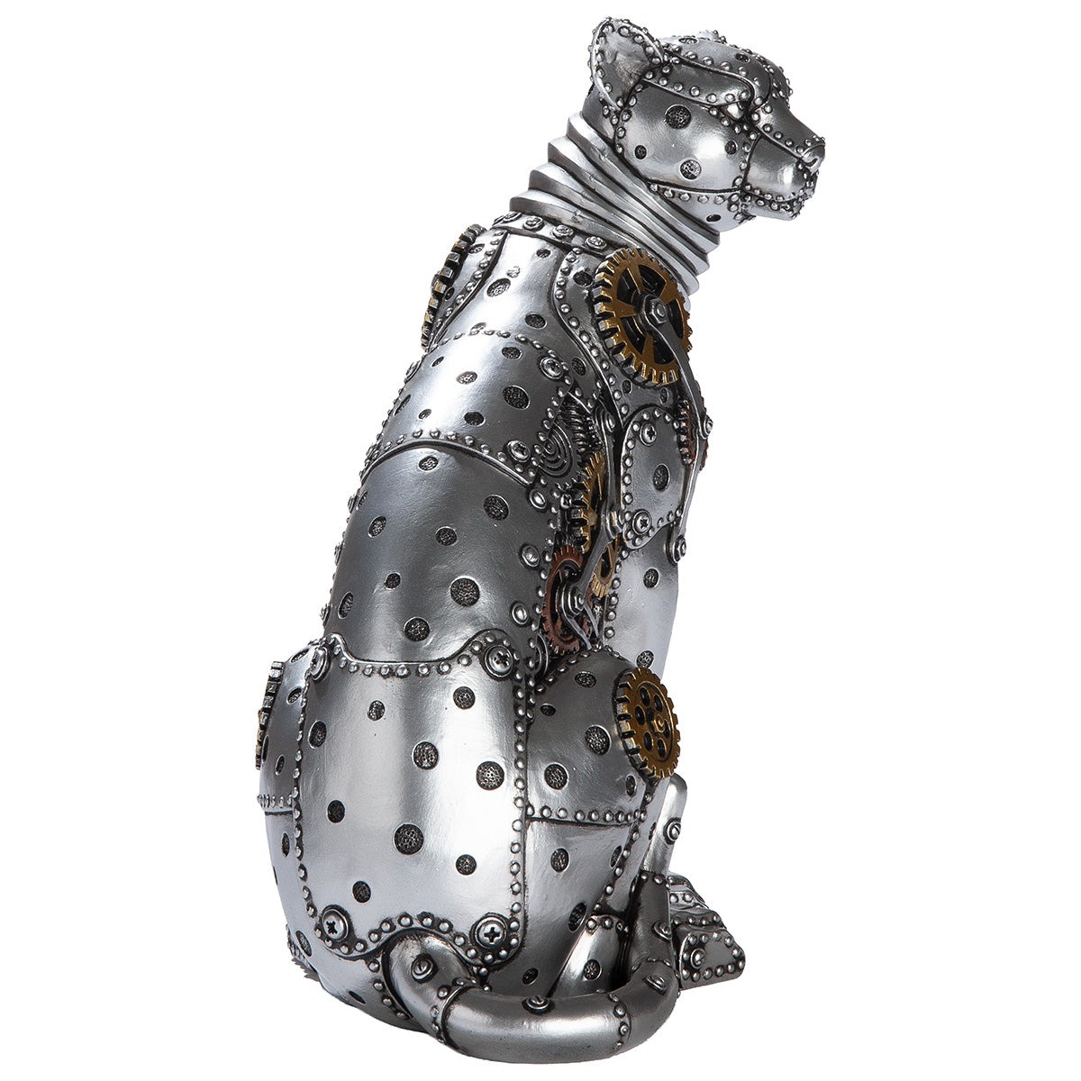 Gilde Steampunk Leopard figure with resin gear wheel design, detailed leopard sculpture with intricate gear accents.