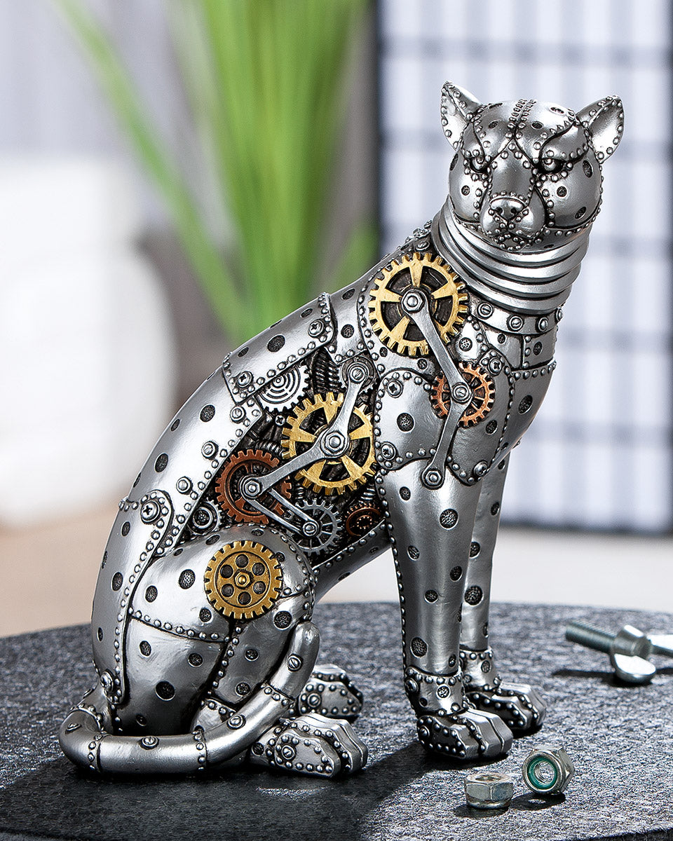 Gilde leopard steampunk figure with resin gear wheel and intricate mechanical details, showcasing a detailed steampunk design.