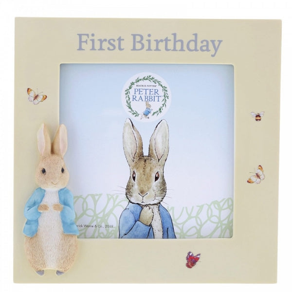 Beatrix Potter Peter Rabbit first birthday frame with illustration and decorative border, suitable for celebrating a child's first birthday