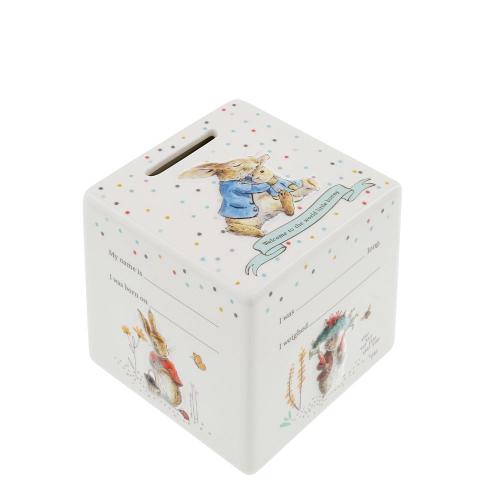 Beatrix Potter ceramic money box featuring a charming illustration, designed for children’s savings and decorative display.