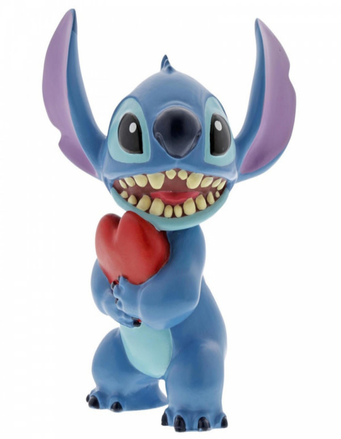 Disney Stitch plush toy holding a heart, featuring bright colors and soft fabric, perfect for Disney fans and collectors.