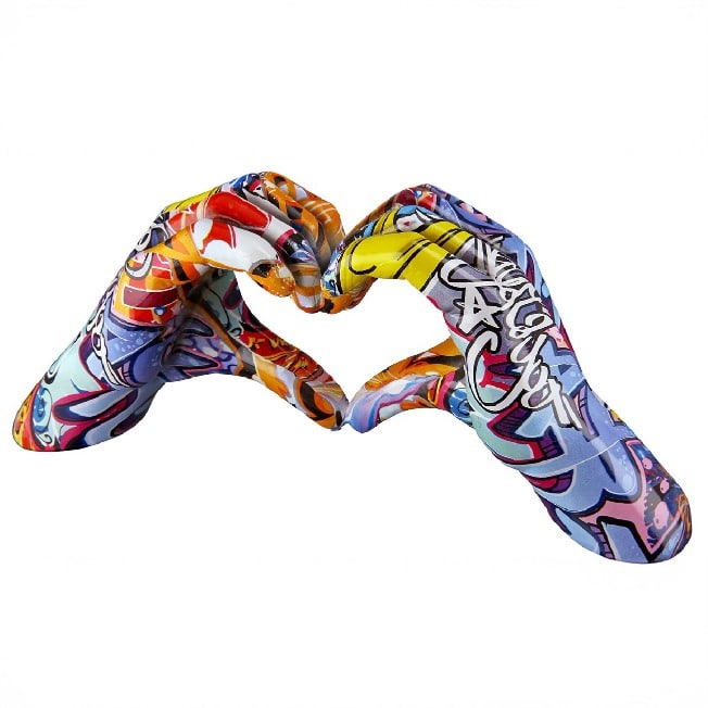 Multicolored Gilde Heart Hand Motif graffiti wall art with vibrant, dynamic brushstrokes and bold lettering.