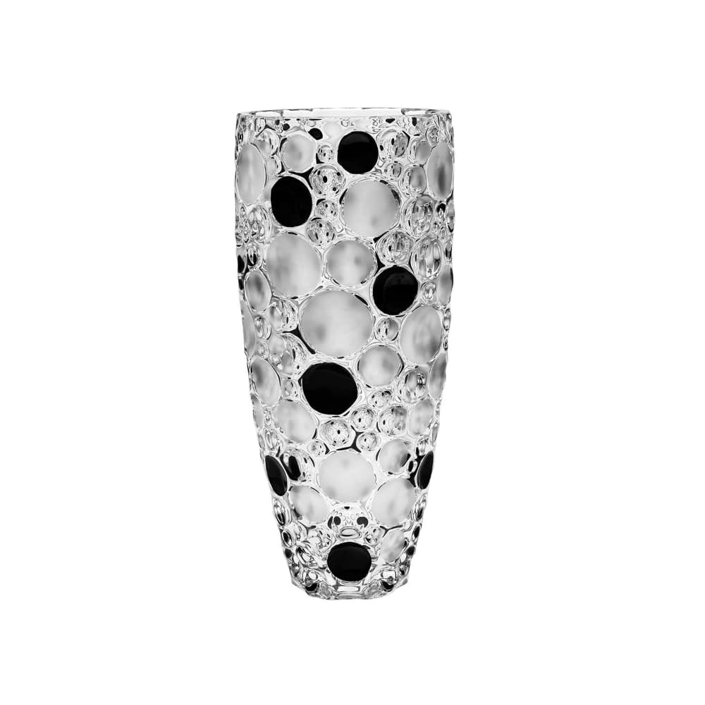 Bohemia Crystal Barrel Vase Lisboa with black circle design, featuring a fond and elegant shape for decorative floral arrangements.