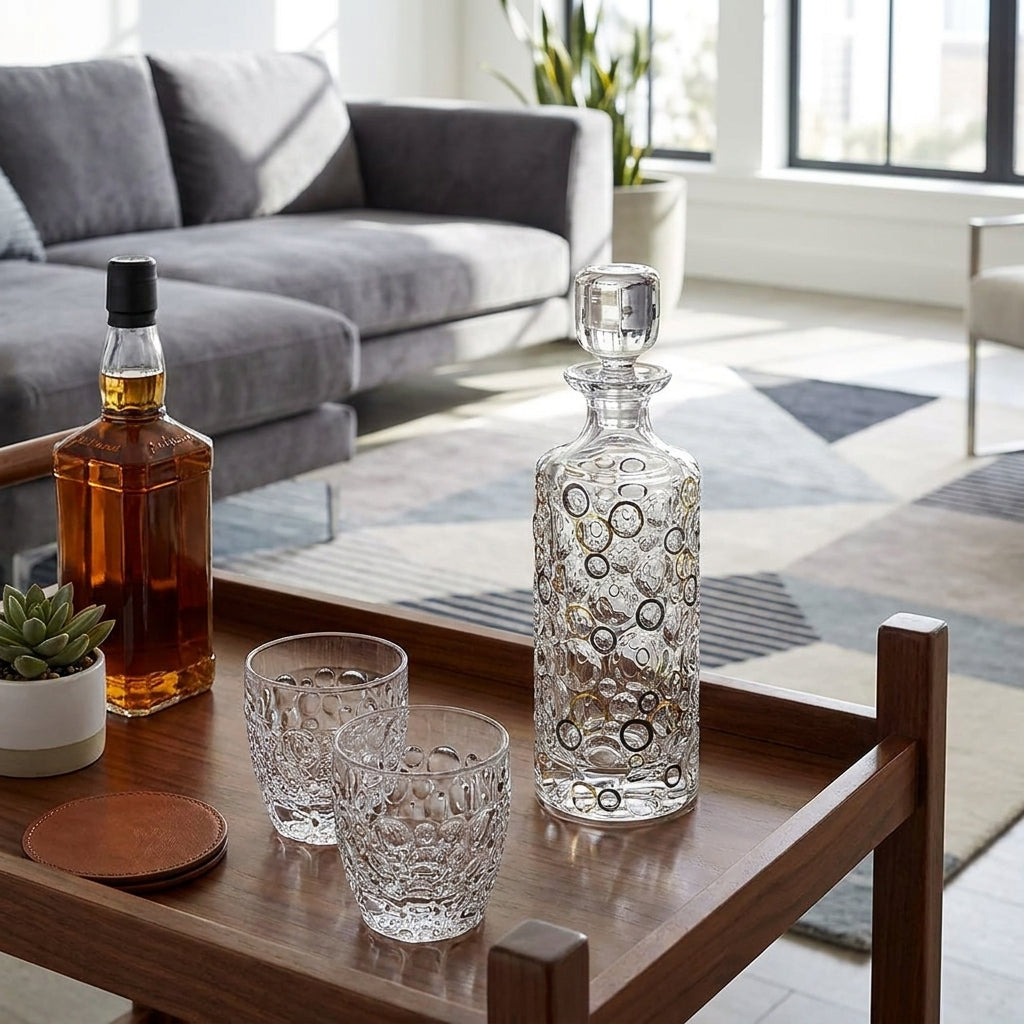 Bohemia Crystal Lisboa decanter with gold and black accents, 750ml, elegant glass vessel for wine or spirits.