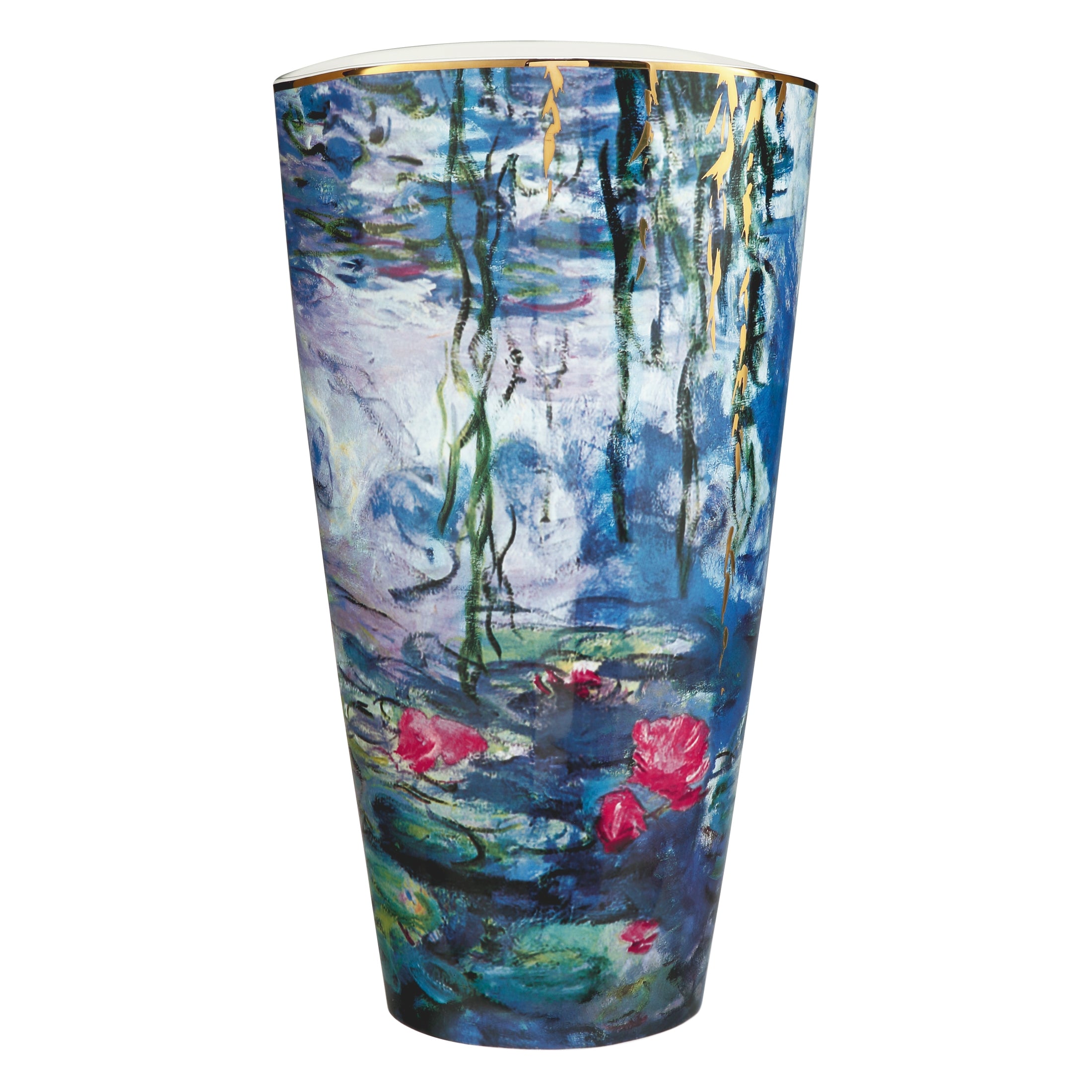 Goebel Claude Monet Water Lilies and Willow porcelain vase, 50cm tall with detailed floral watercolor design.