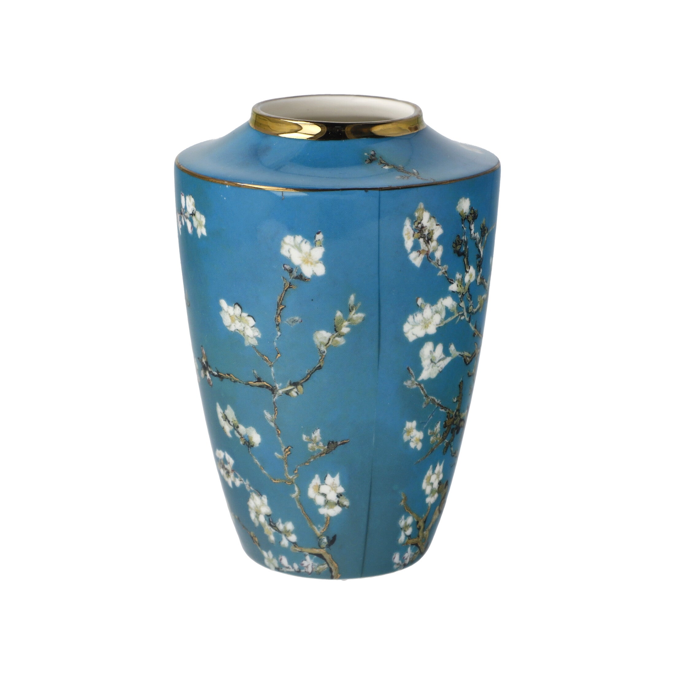 Goebel Mini Vase Van Gogh Almond Tree Blue, 12.5cm ceramic vase featuring a vibrant almond tree design, detailed floral artwork.
