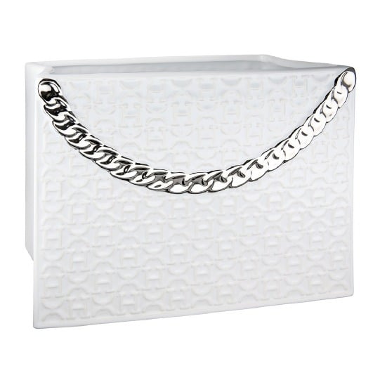 White ceramic Gilde Vase Handbag with Paris design, 20cm tall, featuring a stylish handbag-shaped shape and decorative details.