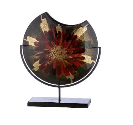 Gilde Glassart Doré round vase with floral pattern in green, red, and gold glass, elegant decorative piece.