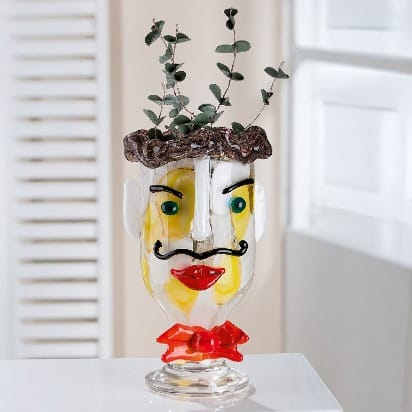 Gilde Glassart Alfredo face vase with face motif, clear and white glass, 29cm tall, decorative art piece with facial design.