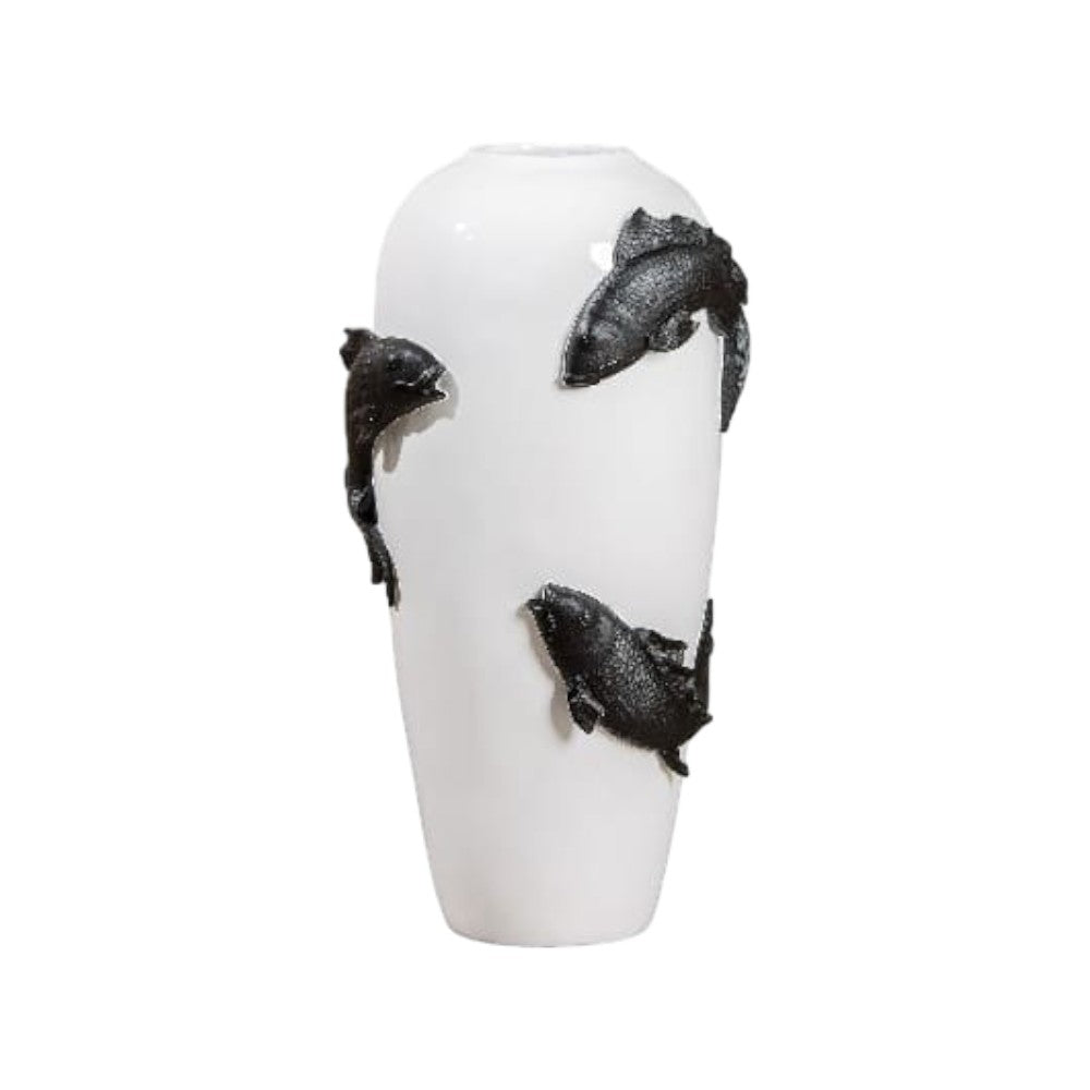 White Gilde floor vase with fish motif, resin material, 73cm tall, decorative home accent with intricate design.