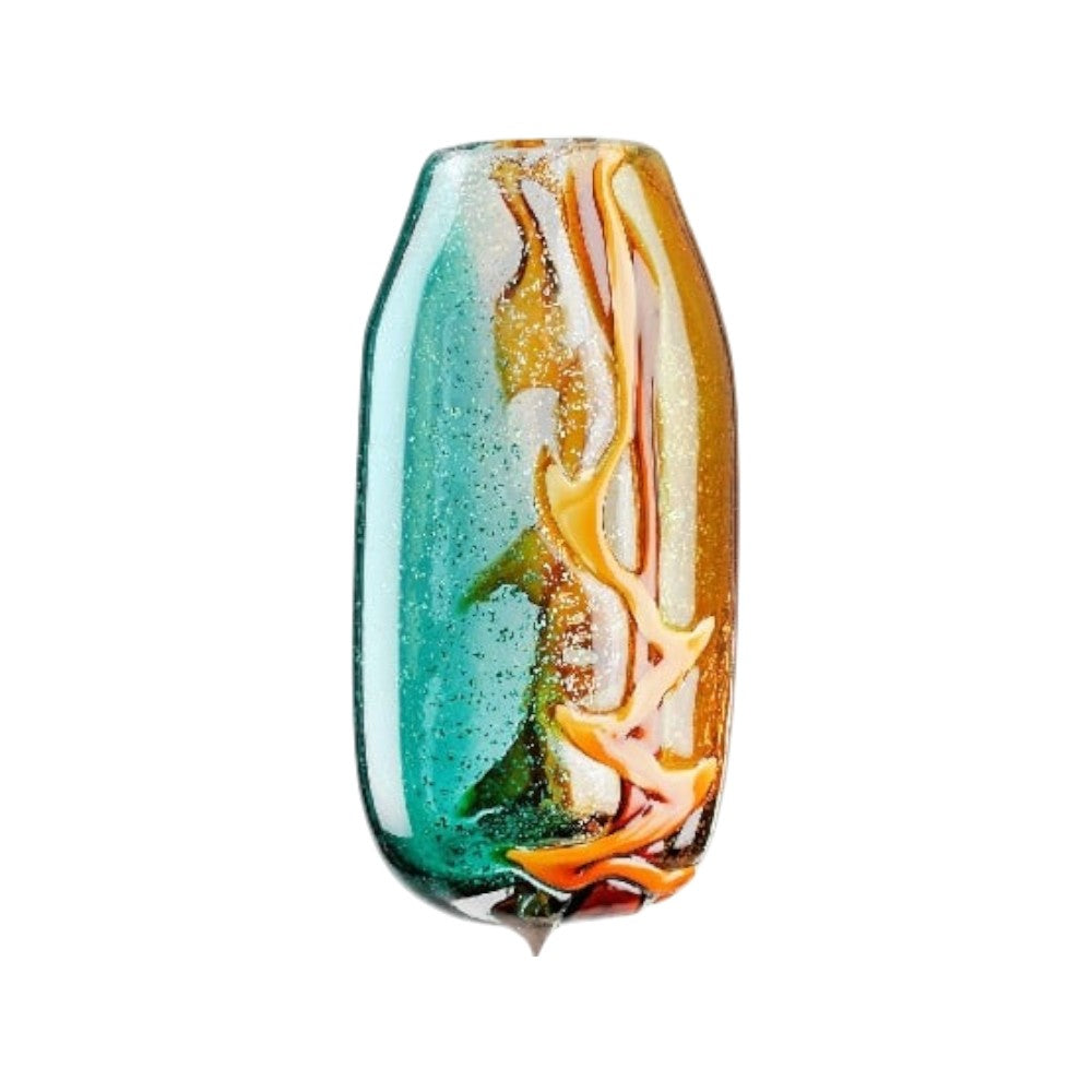 Gilde Glassart Fresco Vase in blue, brown, and clear glass, 34cm tall, featuring a decorative textured design.