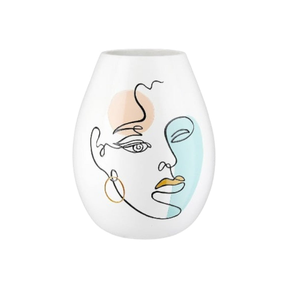 White resin Gilde vase with a bulbous face motif, 28cm tall, featuring detailed facial features and a smooth finish.