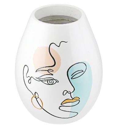 White resin Gilde vase with a bulbous face motif, 28cm tall, featuring detailed facial features and a smooth finish.