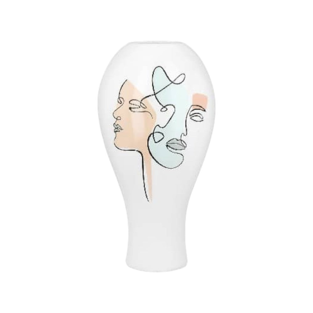 White resin Gilde vase with a bulbous face motif, 36cm tall, featuring detailed facial features and a smooth finish.