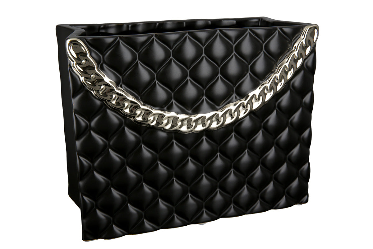 Black Gilde ceramic vase handbag with Paris design, 20cm tall, featuring a stylish handbag shape and intricate detailing.