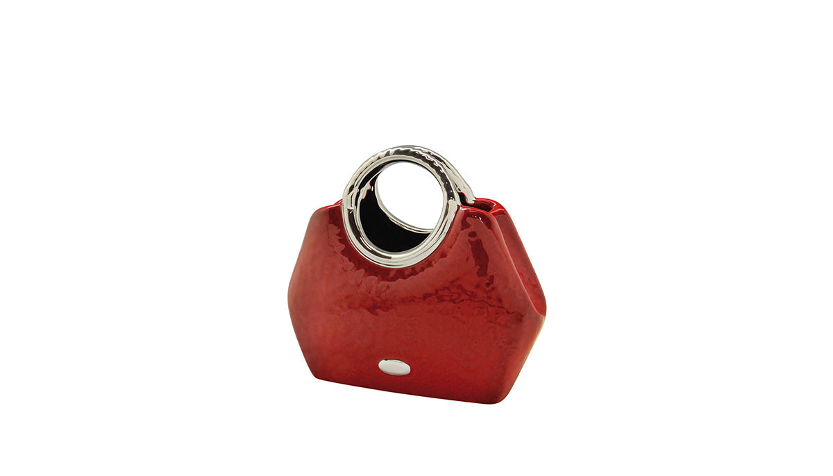 Red Gilde ceramic vase handbag with handle, 21cm tall, featuring a stylish, artistic design perfect for home decor.