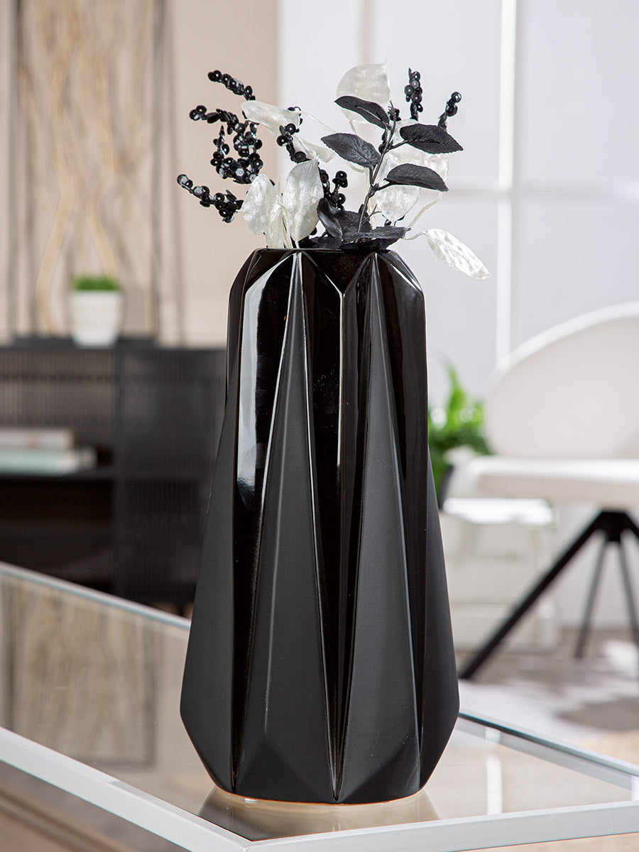 Black Gilde Conical Pantheon ceramic vase, 30cm tall, with a smooth conical shape and elegant design perfect for modern decor.