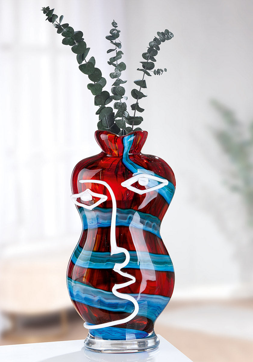 Gilde Face Vase Glassart Franco in blue and red, 34cm tall, featuring a detailed face design, made of clear glass.