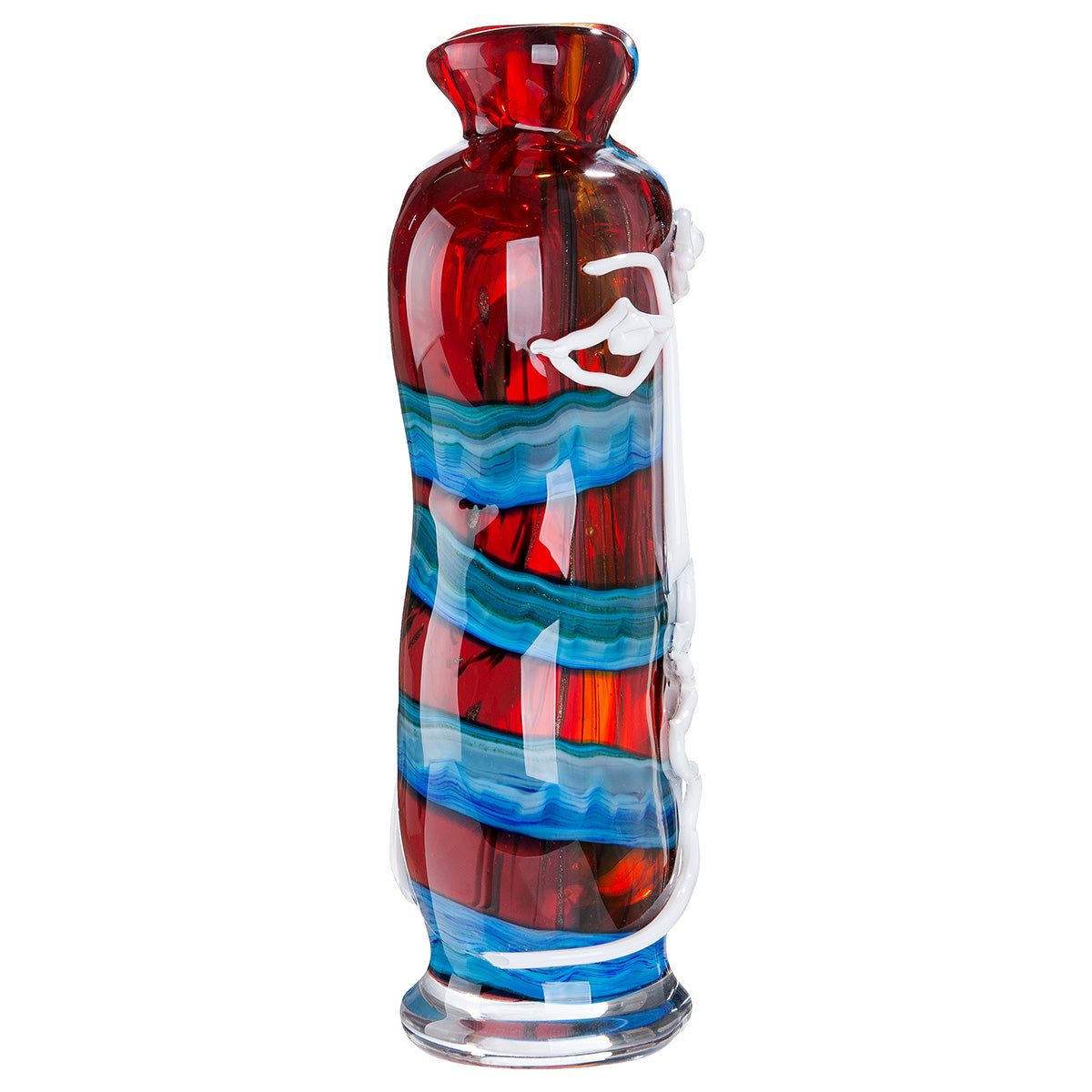 Gilde Face Vase Glassart Franco in blue and red, 34cm tall, featuring a detailed face design and vibrant glasswork.