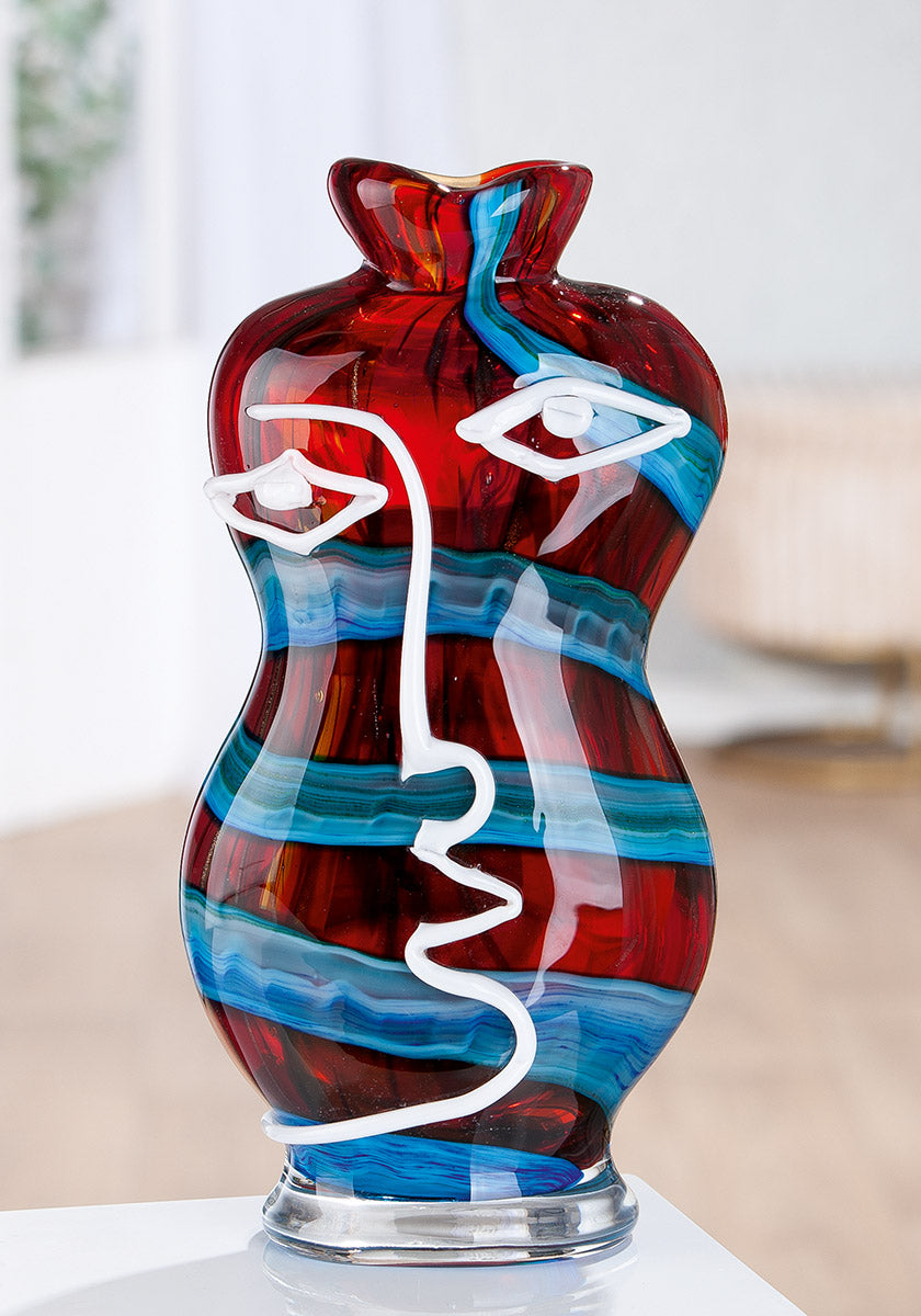 Gilde Face Vase by Glassart Franco in blue and red, 34cm tall, featuring a detailed face design and vibrant glasswork.