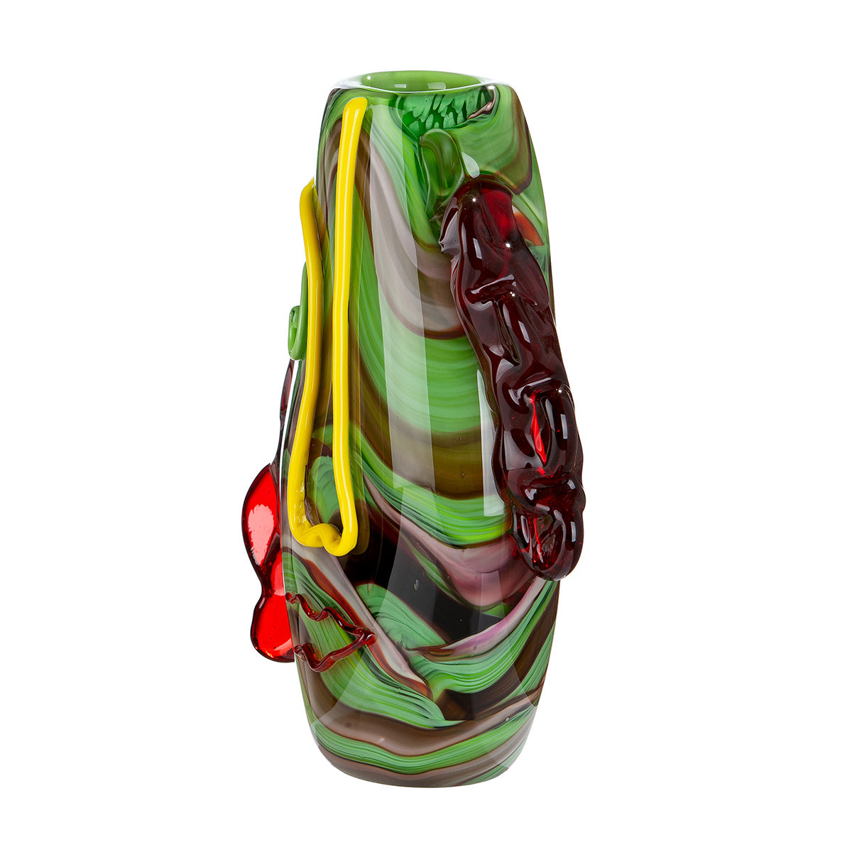 Gilde Face Vase Glassart Conturo in green and red, 30cm tall, featuring a detailed face design and vibrant glasswork.