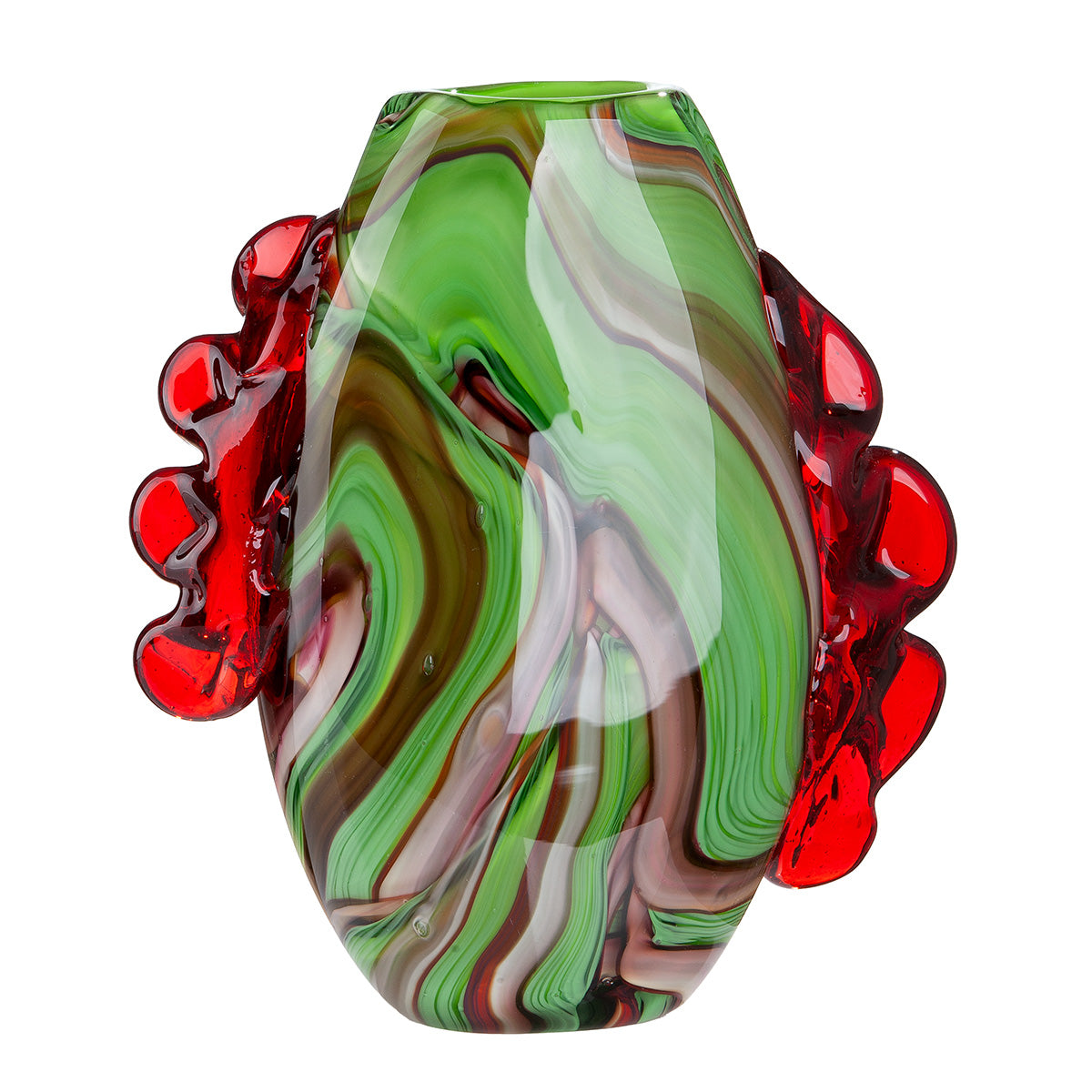 Green and red Gilde Face Vase made of glass, 30cm tall, with artistic facial features and vibrant color details.